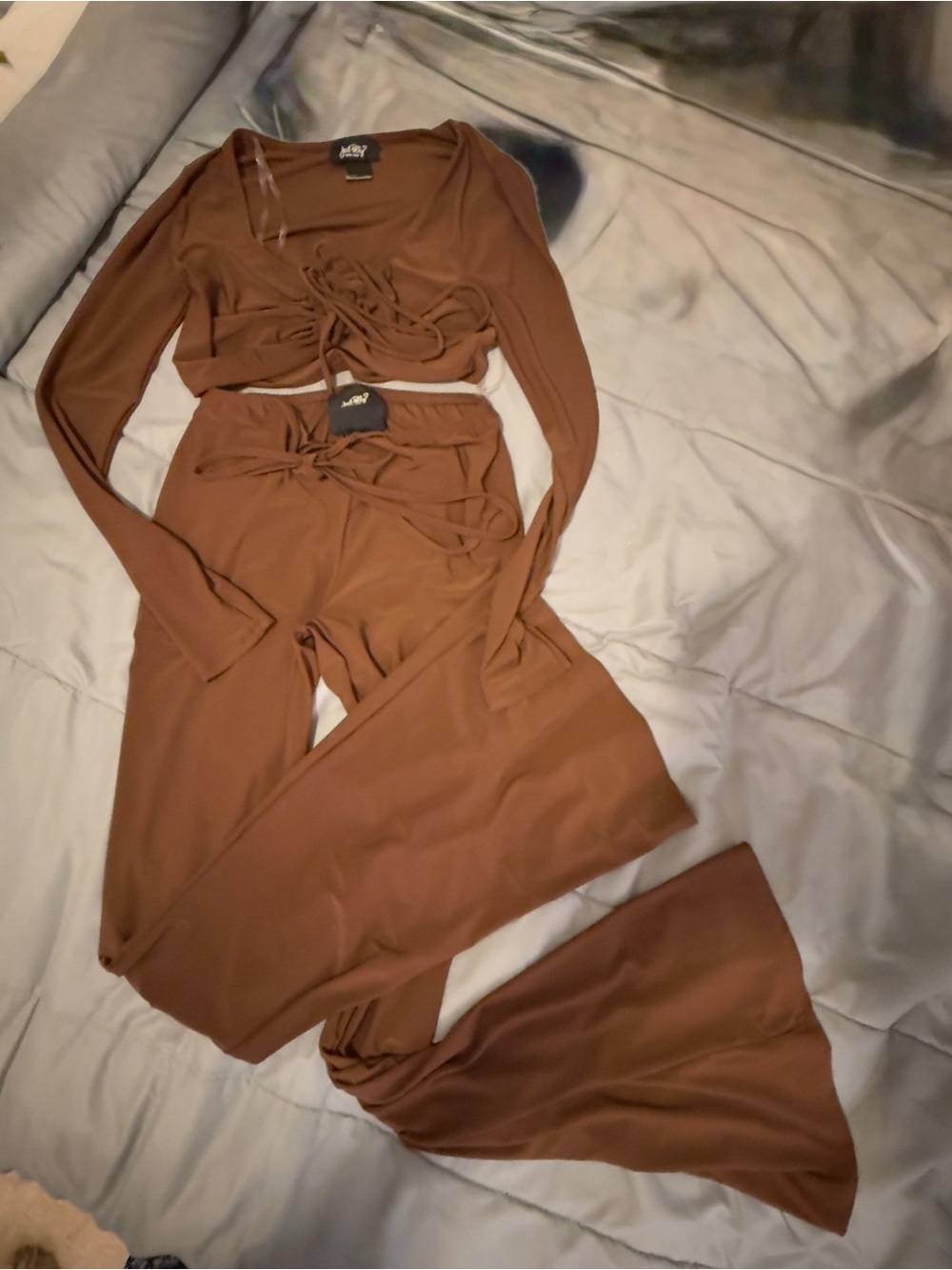 Brown Wide-Leg Pants & Wrap Crop Top Set